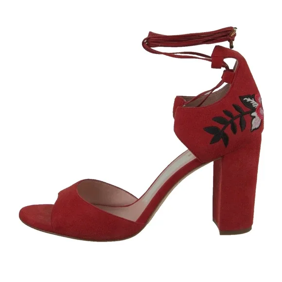B0 NWOB KATE SPADE Red Suede Embroidered Accent Tie Block Heel Sandals Size 7 M - Picture 3 of 9
